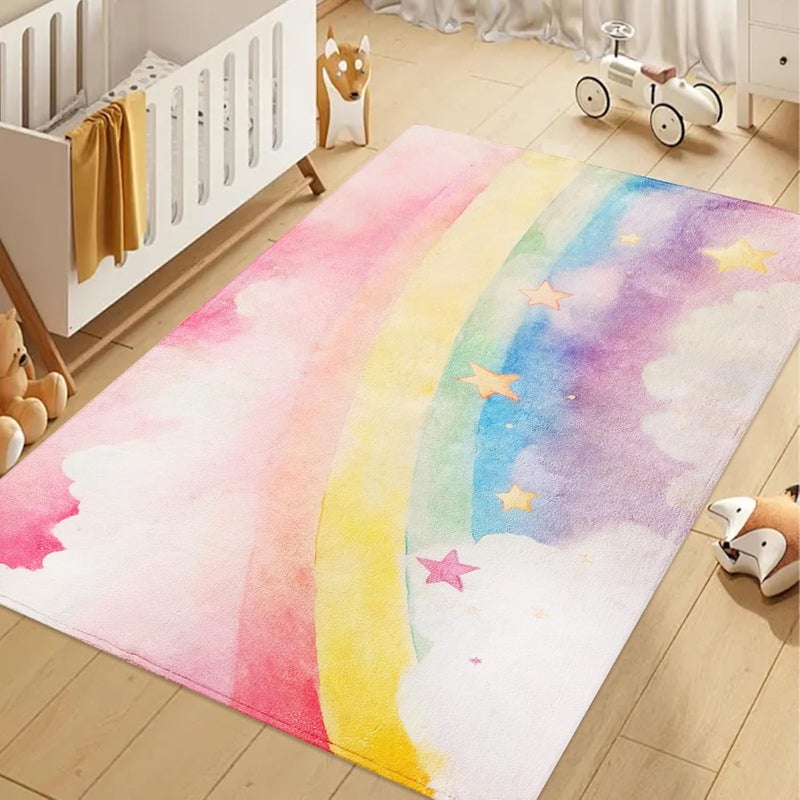 ABREEZE Kids Rainbow Area Rug Play Mat Ultra Soft Rugs for Children Room, 4'x5.3' Non Slip Multi Color Children Nursery Rug Kids Carpet for Bedroom Decor Playroom Living Room - Image 1